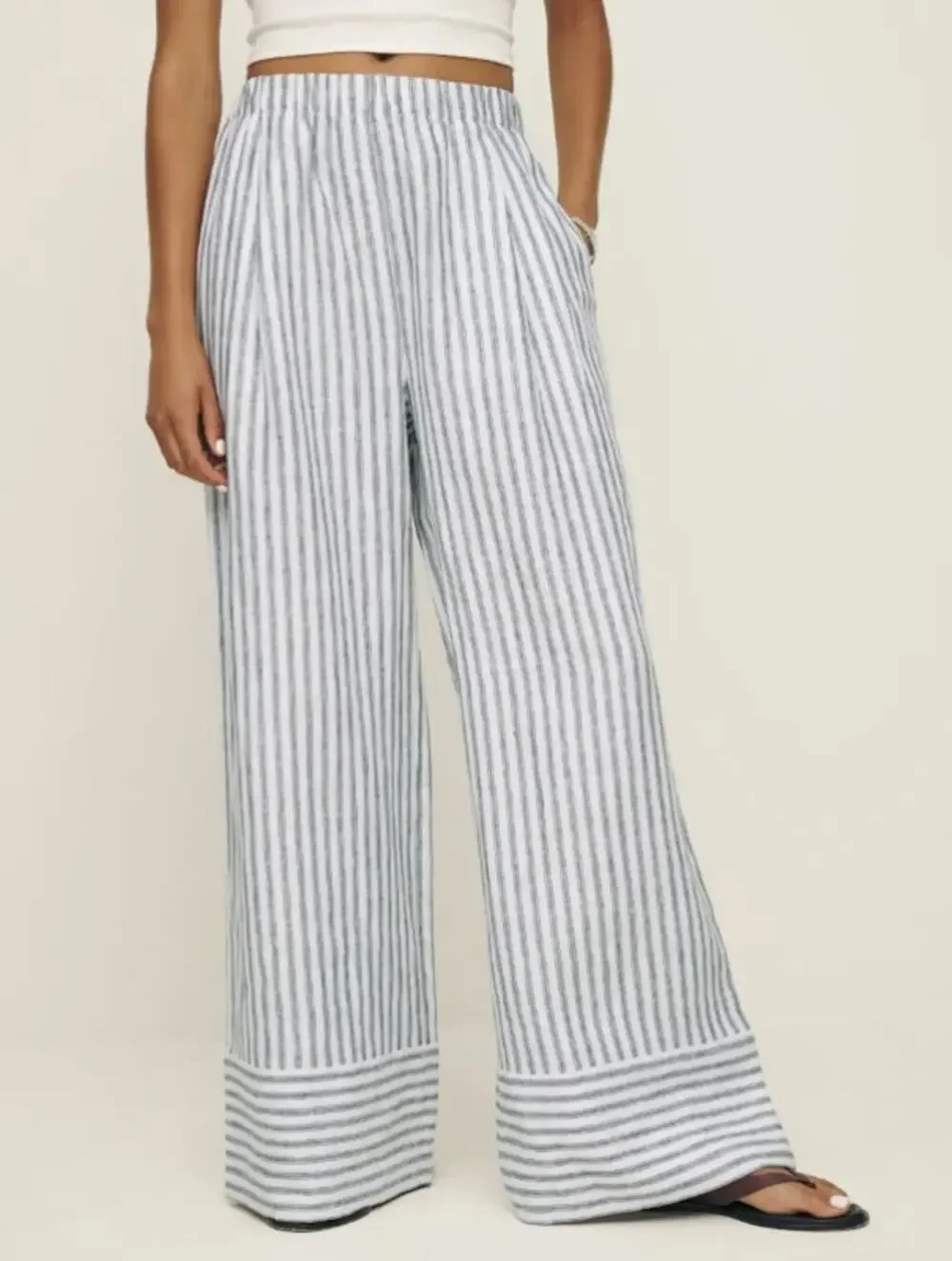 Reformation Fernando Linen Wide Leg Pant Antibes Stripe Gray White Size Medium